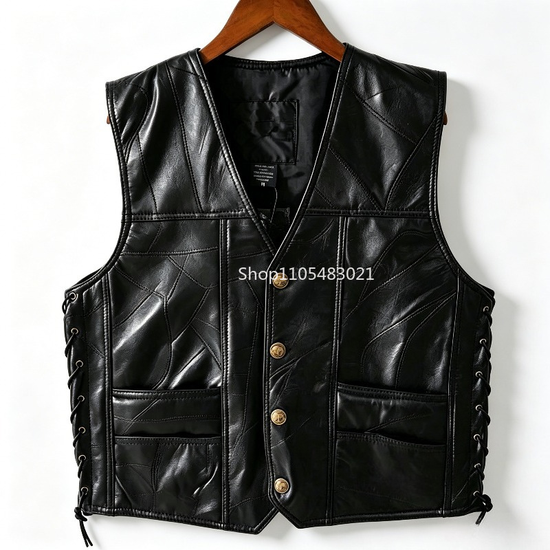 Leather Work Jacket - سترة جلدية سوداء للرجال بتصميم مرقع،