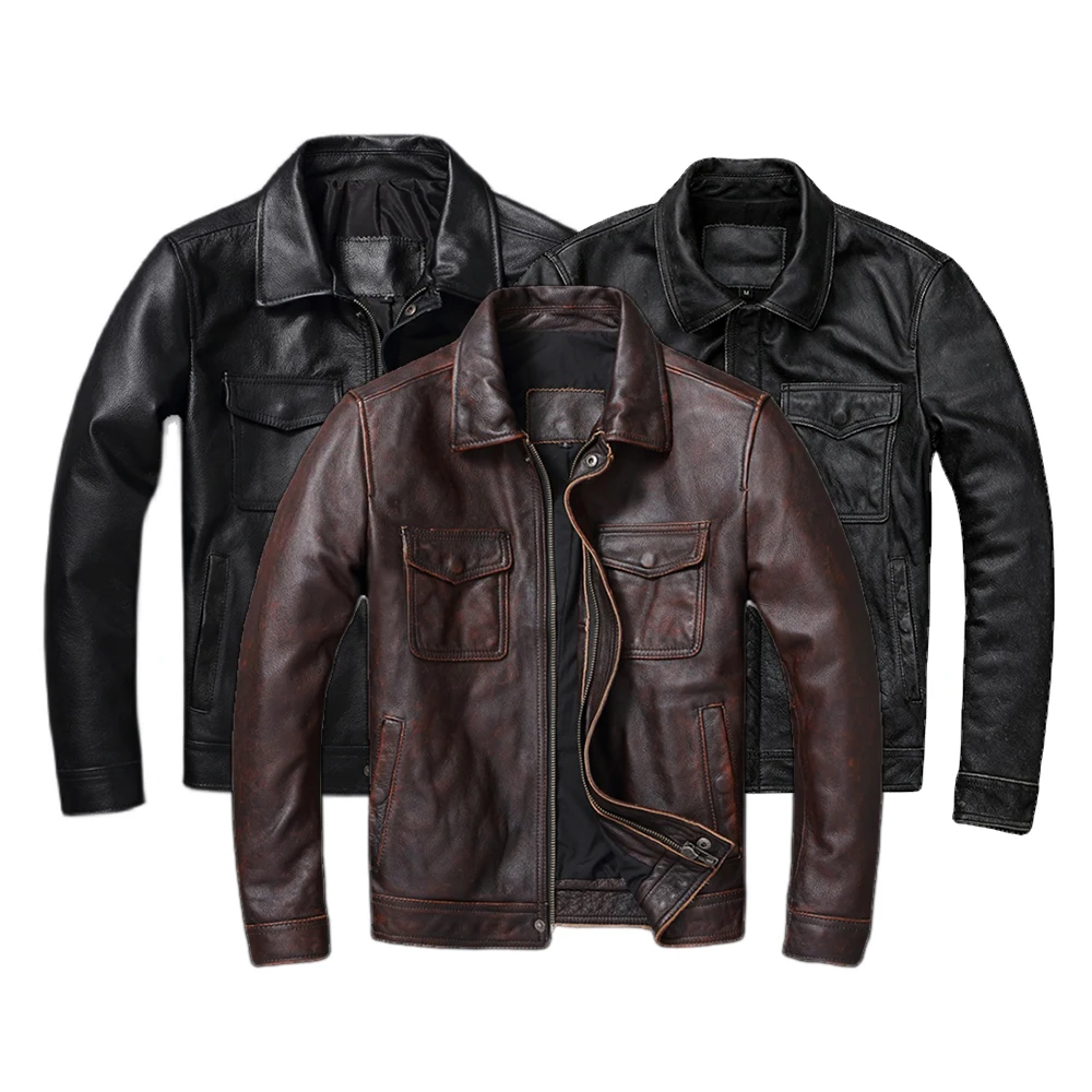 Leather Work Jacket - جاكيت رجالي من الجلد الأصلي البني